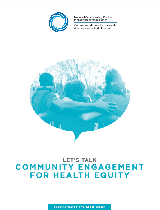 'Community Engagement for Health Equity' report cover - A photo of three individuals with their arms around one another, enclosed in a blue speech bubble 