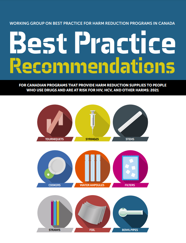 'Best Practice Recommendations' report cover - illustrations of various harm reduction supplies, including tourniquets, syringes, stems, cookers, water ampoules, filters, straws, foil, and bowl pipes