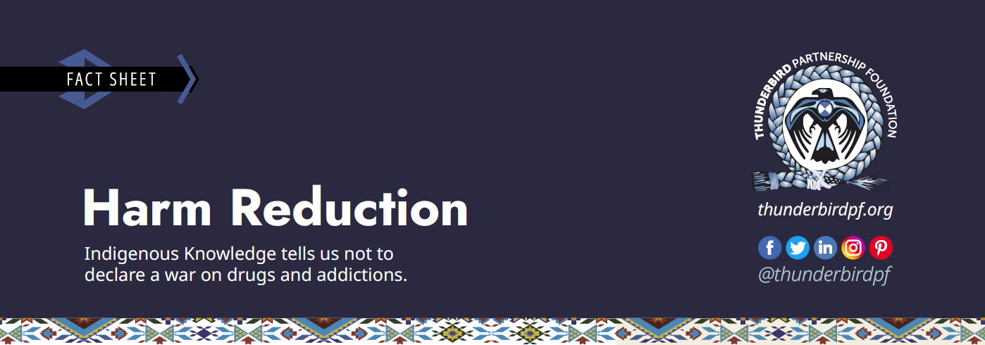 White text reads "Harm Reduction: Indigenous Knowledge tells us not to declare a war on drugs and addictions" on a navy blue background with the Thunderbird Partnership Foundation logo.