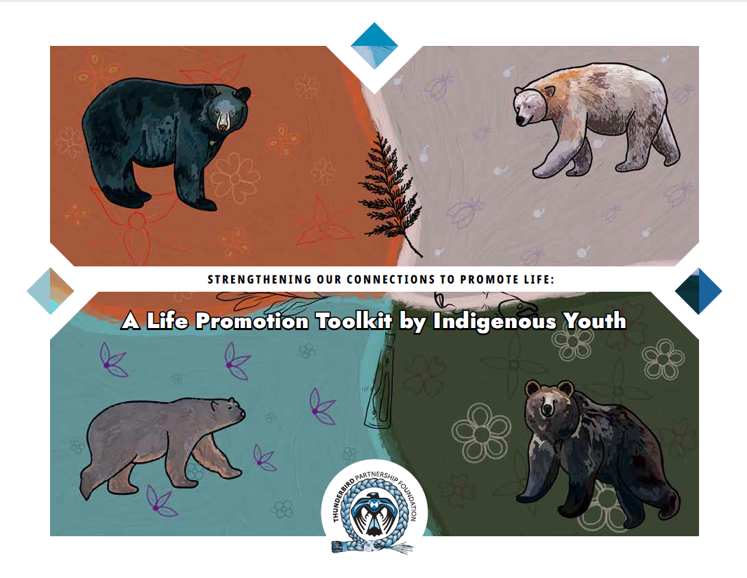 A report cover showing four bears with one in each corner of the page, with the report title "Strengthening Our Connections to Promote Life" written in the middle.
