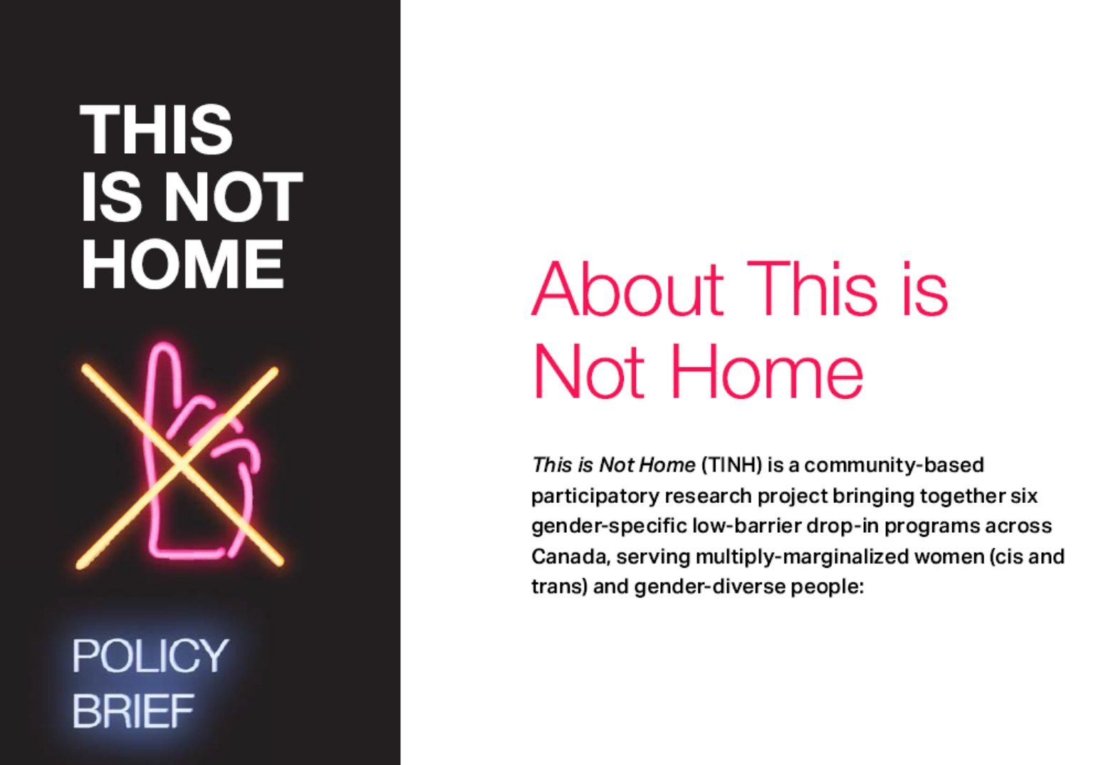 A black background with white text that reads "This is Not Home". Below is an image of a hand with the index finger pointing up, and an X through the image. 