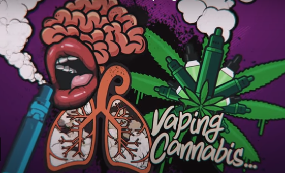 Illustrations of a brain, mouth, vaporizer, lungs, and cannabis leaf with white text that reads "Vaping Cannabis..."