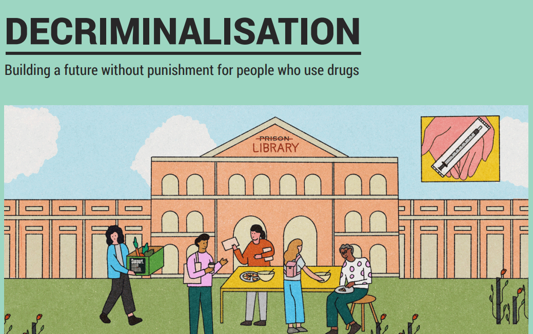 An illustration of a group of people sitting around a table in front of a building that has 'prison' crossed out and says 'Library' with text "Decriminalization: Building a future without punishment for people who use drugs"