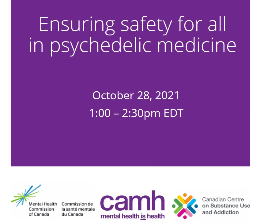 Purple background with white text reading "Ensuring safety for all in psychedelic medicine" with organization logos