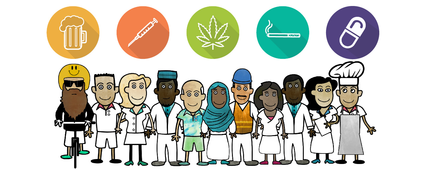 cartoon drawing of various characters, professions and substances.
