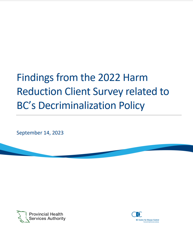 White background with text "Findings from the 2022 Harm Reduction Client Survey related to BC’s Decriminalization Policy"